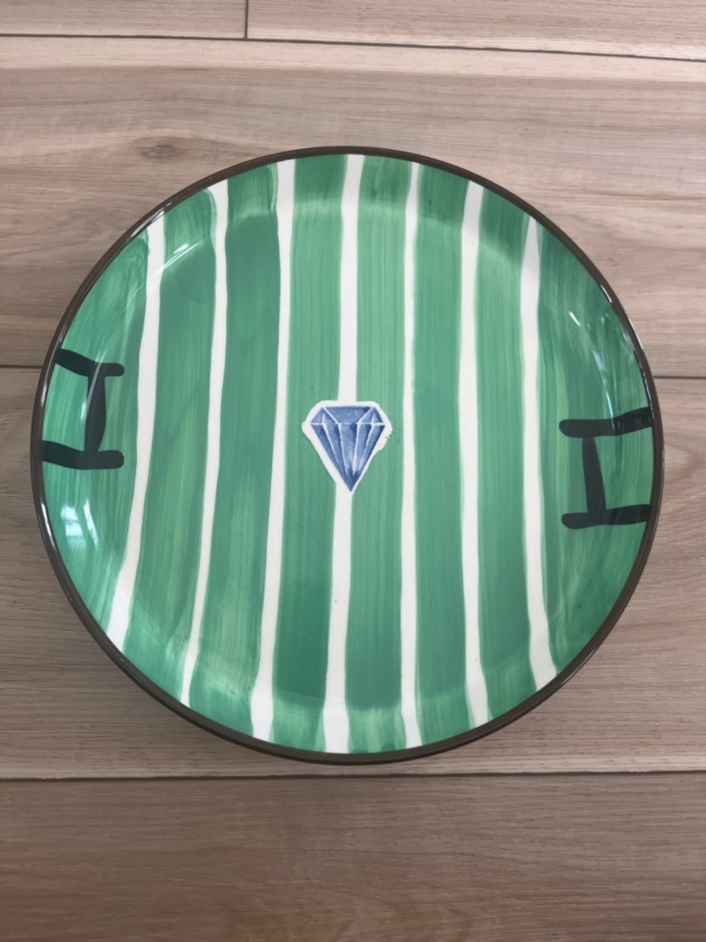 Decorative Green & White Striped Ceramic Serving Plate with Blue Accent